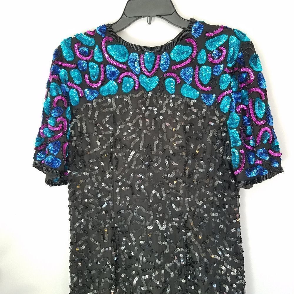 Vintage Laurence Kazar 1980’s 100% Silk Dolly Parton Sequin Cocktail Dress PL - Picture 4 of 12